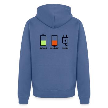Akku-Philosophie: Optimist Pessimist Realist - Unisex Premium Bio Zip Hoodie - Taubenblau - Hinten - Nico (187cm)