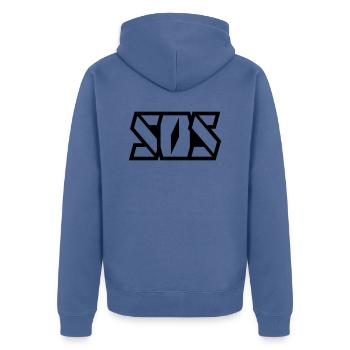 SOS Schriftzug - Unisex Premium Bio Zip Hoodie - Taubenblau - Hinten - Nico (187cm)