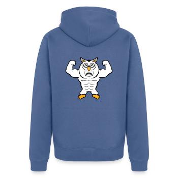 Eule Bodybuilder Muskeln Bizeps Posen Gym Rat Cool - Unisex Premium Bio Zip Hoodie - Taubenblau - Hinten - Nico (187cm)