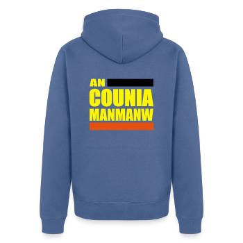 AN COUNIA MANMANW - Unisex Premium Organic Zip Hoodie - stone blue - Back - Nico (187cm)