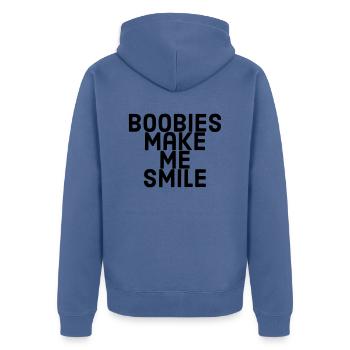 Les fous me font sourire - Veste à capuche bio Premium Unisexe - bleu pigeon - Dos - Nico (187cm)