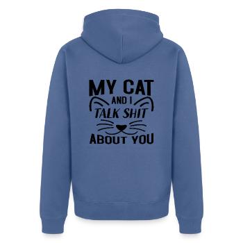 My Cat and i talk Shit about you - Unisex Premium Organic Zip Hoodie - stone blue - Back - Nico (187cm)
