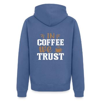 Dans le café, nous avons confiance - Veste à capuche bio Premium Unisexe - bleu pigeon - Dos - Nico (187cm)