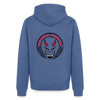hell was full Zitat - Unisex Premium Bio Zip Hoodie - Taubenblau - Hinten - Nico (187cm)