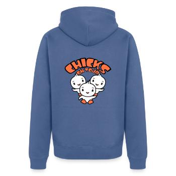 3 oiseaux poussins en tournée disant fêtarde filles femmes - Veste à capuche bio Premium Unisexe - bleu pigeon - Dos - Nico (187cm)