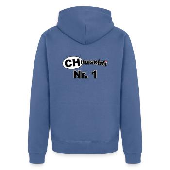 CHnuschti Nr. 1 - Unisex Premium Bio Zip Hoodie - Taubenblau - Hinten - Nico (187cm)
