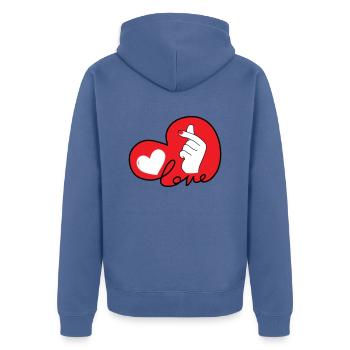 LOVE doigt coeur typo 3 - Veste à capuche bio Premium Unisexe - bleu pigeon - Dos - Nico (187cm)