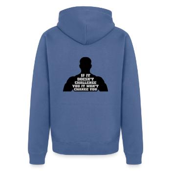 Séance d’entraînement Fitness Motivation Citation - Veste à capuche bio Premium Unisexe - bleu pigeon - Dos - Nico (187cm)