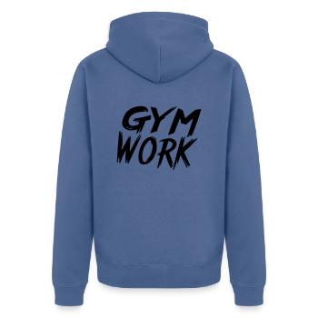Fitnessstudioarbeit - Unisex Premium Bio Zip Hoodie - Taubenblau - Hinten - Nico (187cm)