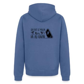 Qui fait le malin, va au ravin - Veste à capuche bio Premium Unisexe - bleu pigeon - Dos - Nico (187cm)