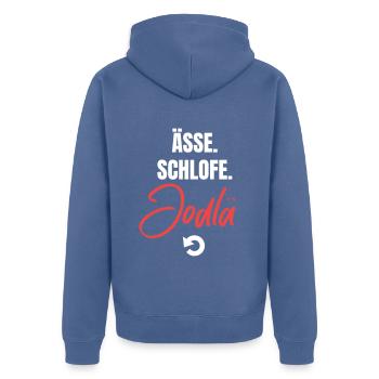 Essen, schlafen, jodeln, repeat! - Unisex Premium Bio Zip Hoodie - Taubenblau - Hinten - Nico (187cm)