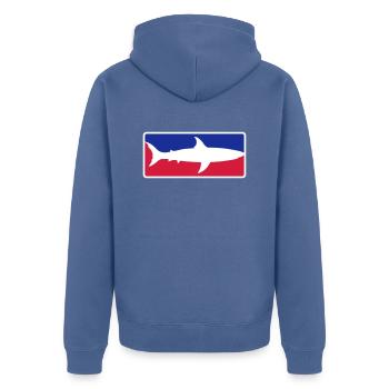 red blue sport shark button frame shield black sc - Unisex Premium Organic Zip Hoodie - stone blue - Back - Nico (187cm)