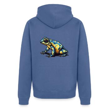 Farbenfroher Retro Pixel Pfeilgiftfrosch in 8 Bit - Unisex Premium Bio Zip Hoodie - Taubenblau - Hinten - Nico (187cm)