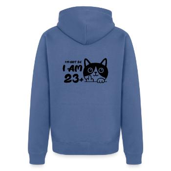 I'm Not 24, I Am 23 Plus 1 Middle Finger Cat Flip - Unisex Premium Organic Zip Hoodie - stone blue - Back - Nico (187cm)