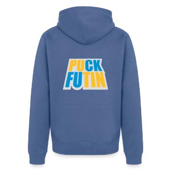 Conception du logo Puck Futin - Veste à capuche bio Premium Unisexe - bleu pigeon - Dos - Nico (187cm)