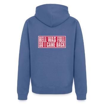 hell was full Zitat - Unisex Premium Bio Zip Hoodie - Taubenblau - Hinten - Nico (187cm)