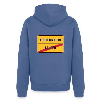 Laufen - Führerschein (dh) - Unisex Premium Bio Zip Hoodie - Taubenblau - Hinten - Nico (187cm)