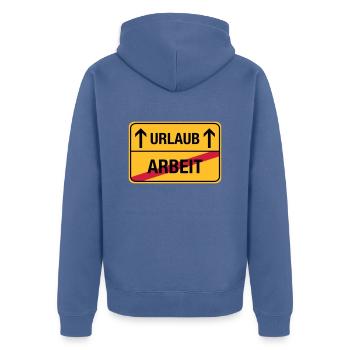 Arbeit – Urlaub (dh) Endlich Urlaub - Unisex Premium Bio Zip Hoodie - Taubenblau - Hinten - Nico (187cm)
