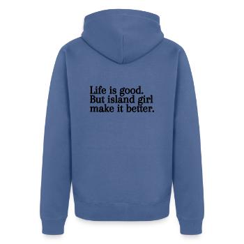 Personalized T-shirt the girls of the islands - Unisex Premium Organic Zip Hoodie - stone blue - Back - Nico (187cm)