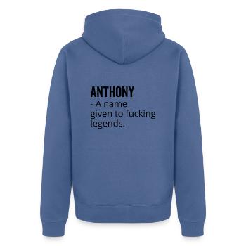 Anthony ein Name für verdammte Legenden - Unisex Premium Bio Zip Hoodie - Taubenblau - Hinten - Nico (187cm)