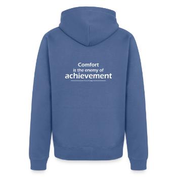 Komfort ist der Feind der Errungenschaft Farrah Gray - Unisex Premium Bio Zip Hoodie - Taubenblau - Hinten - Nico (187cm)
