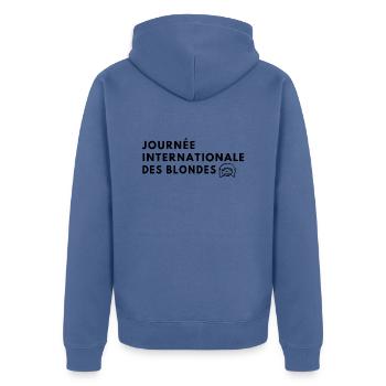 Journée internationale des blondes - Veste à capuche bio Premium Unisexe - bleu pigeon - Dos - Nico (187cm)