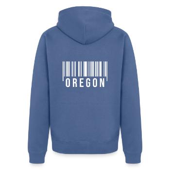 Oregon Strichcode - Unisex Premium Bio Zip Hoodie - Taubenblau - Hinten - Nico (187cm)