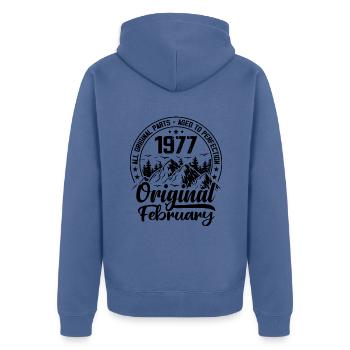 1977 février Original : 47 Ans cadeau Anniversaire - Veste à capuche bio Premium Unisexe - bleu pigeon - Dos - Nico (187cm)