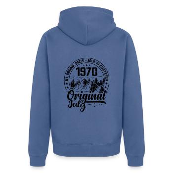 1970 July Original: 54 Years Anniversary Gift - Unisex Premium Organic Zip Hoodie - stone blue - Back - Nico (187cm)