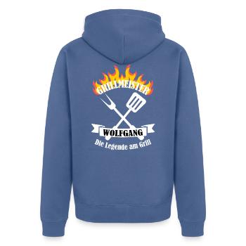 Grillmeister Wolfgang lustiger Spruch Vorname - Unisex Premium Bio Zip Hoodie - Taubenblau - Hinten - Nico (187cm)
