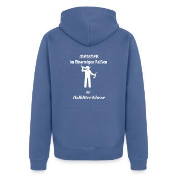 Meister im einarmigen Reißen der Halbliter-Klasse - Unisex Premium Bio Zip Hoodie - Taubenblau - Hinten - Nico (187cm)