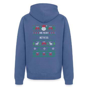 One Merry Actress - Unisex Premium Organic Zip Hoodie - stone blue - Back - Nico (187cm)