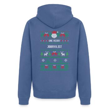 One Merry Journalist - Unisex Premium Organic Zip Hoodie - stone blue - Back - Nico (187cm)
