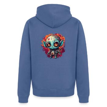 Poupée d’horreur / Halloween / Effrayant / Sombre - Veste à capuche bio Premium Unisexe - bleu pigeon - Dos - Nico (187cm)