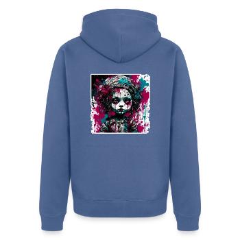 Poupée d’horreur / Halloween / Effrayant / Sombre - Veste à capuche bio Premium Unisexe - bleu pigeon - Dos - Nico (187cm)