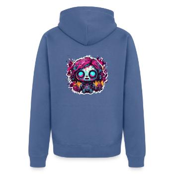 Poupée d’horreur / Halloween / Effrayant / Sombre - Veste à capuche bio Premium Unisexe - bleu pigeon - Dos - Nico (187cm)