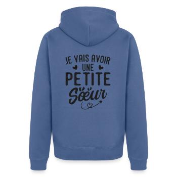 Ich werde eine kleine Schwester haben - Unisex Premium Bio Zip Hoodie - Taubenblau - Hinten - Nico (187cm)