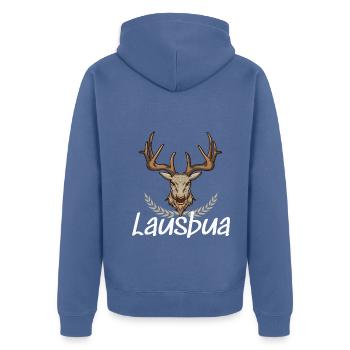 Lausbua Hirsch Lederhosen - Unisex Premium Bio Zip Hoodie - Taubenblau - Hinten - Nico (187cm)
