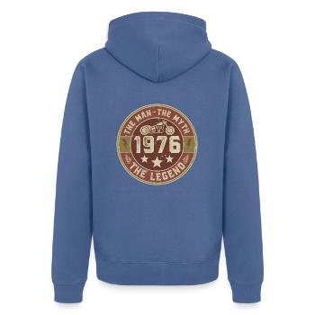 1976 Vintage Man Myth Legend Motorcycle Biker - Unisex Premium Organic Zip Hoodie - stone blue - Back - Nico (187cm)