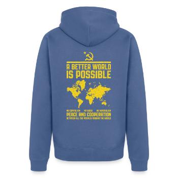 Internationalisme communiste - Veste à capuche bio Premium Unisexe - bleu pigeon - Dos - Nico (187cm)