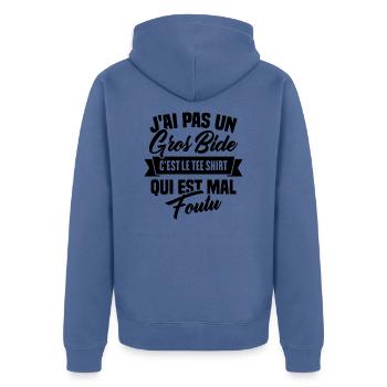 J'ai Pas Un Gros Bide - Veste à capuche bio Premium Unisexe - bleu pigeon - Dos - Nico (187cm)