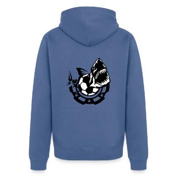 Fußball Fußball Hai Logo Zeichnung Club - Unisex Premium Bio Zip Hoodie - Taubenblau - Hinten - Nico (187cm)