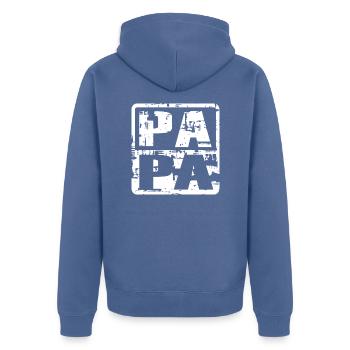 PAPA Vintage White - Unisex Premium Bio Zip Hoodie - Taubenblau - Hinten - Nico (187cm)