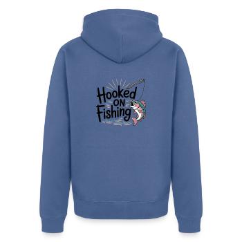 Hooked on Fishing – Funny Fishing Motif - Unisex Premium Organic Zip Hoodie - stone blue - Back - Nico (187cm)
