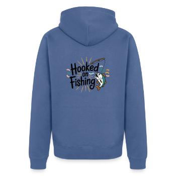 Hooked on Fishing – Funny Fishing Motif - Unisex Premium Organic Zip Hoodie - stone blue - Back - Nico (187cm)
