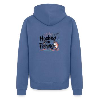 Hooked on Fishing – Funny Fishing Motif - Unisex Premium Organic Zip Hoodie - stone blue - Back - Nico (187cm)