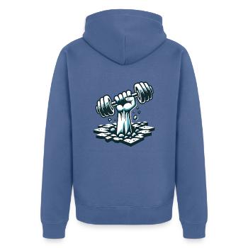 Power Lift - Unisex Premium Organic Zip Hoodie - stone blue - Back - Nico (187cm)