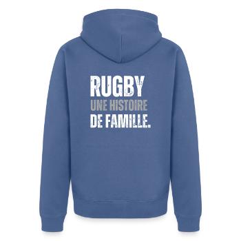 Humour Rugby Histoire de Famille - Veste à capuche bio Premium Unisexe - bleu pigeon - Dos - Nico (187cm)