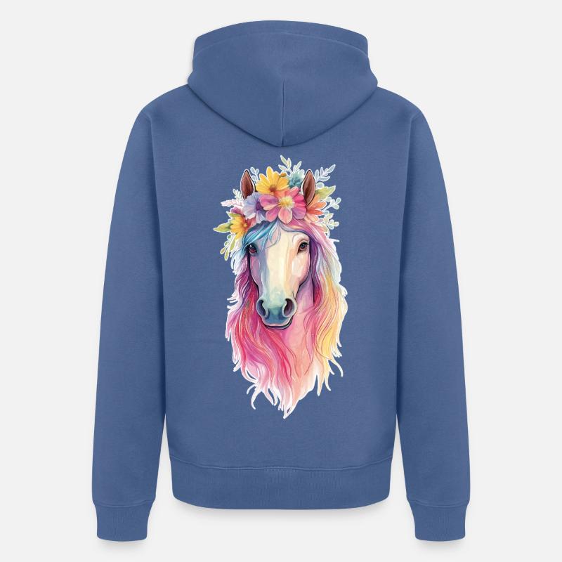 Cheval avec des fleurs - Veste à capuche bio Premium Unisexe - bleu pigeon
