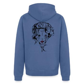 Tendresse maléfique - Veste à capuche bio Premium Unisexe - bleu pigeon - Dos - Nico (187cm)